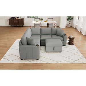 Divano letto convertibile estraibile da 215 cm a forma di L con pouf contenitore mobile, divano componibile a U per soggiorno - Product Image 4