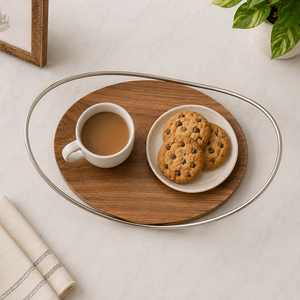 Premium Wooden Round Decorative Tray with Metal Rim | Accent Coffee <b>Table</b> Display Organizer Centerpiece Home Decor Serving Tray - Product Image 2