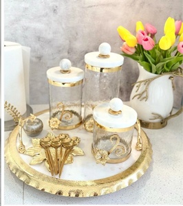 Hộp Thủy Tinh Mạ Vàng Kim Loại Và Thủy Tinh Trang Trí Sang Trọng Có Nắp Đá Cẩm Thạch Để Trang Trí Nhà Bếp - Product Image 1