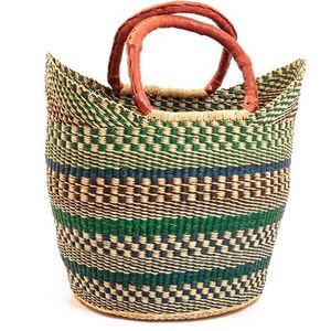 Natural Green Stripe <b>Woven</b> Seagrass Tote <b>Bag</b> <b>Leather</b> Wrapped Handle Swallow Tail Summer Beach Handbag Wholesale Supplier Quality - Product Image 3