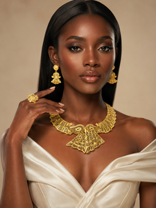 Gold Plated Brass <b>Statement</b> <b>Necklace</b> Set with Earrings Ethnic Geometric Design for Women Wedding Party Fashion <b>Necklace</b> 16inches - Product Image 3