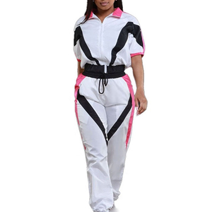 Ensemble de survêtement color block pour femme, manches courtes, col rabattu, taille élastique, séchage rapide, sportif, longueur intégrale, polyester, coupe ample - Product Image 3