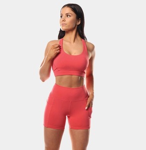 EnovStars Conjunto de 2 piezas de sujetador deportivo y shorts de cintura alta de secado rápido para mujer, con logo frontal, sensación de segunda piel, nailon y elastano, OEM ODM Privado - Product Image 1