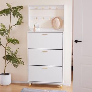 White Entryway Bedroom Armoire with Hanging Rod Shoe Cabinet and Wardrobe Closet Drawers and Shelves Handles - Product Image 3