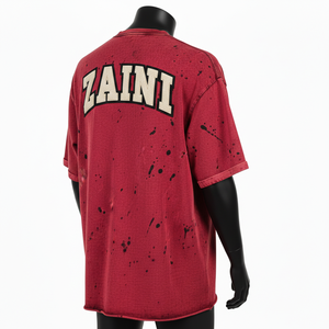 T-shirt homme en coton jersey premium, effet délavé, rouge vintage, logo imprimé sur mesure, 100% coton, coupe ample. - Product Image 5