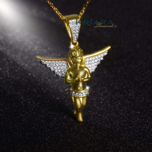 925 Silver Gold Plated <b>Angel</b> Pendant With Crystal Wings And Rhinestone Accents Religious <b>Charm</b> Unisex Everyday Wear - Product Image 1