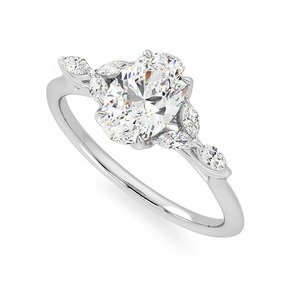 Anillo de Compromiso de Oro Blanco de 14K con Diamante Cultivado en Laboratorio de Corte Ovalado de 2.80 CT, con Piedras Laterales Marquise y Diseño Floral de Hojas - Product Image 3