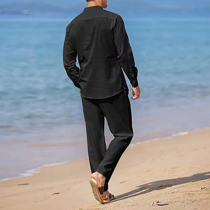 Conjunto Casual de Dos Piezas de Algodón y Lino para Hombre, Camisa de Manga Larga y Pantalón Largo de Color Sólido para Otoño, Traje Holgado para Vacaciones en la Playa - Product Image 4