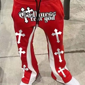 Pantalones Deportivos para Hombre, Estilo Casual Urbano, Modernos, con Estampado Cruzado, Ligeramente Acampanados, Diseño en Bloques de Color Blanco y Negro - Product Image 1