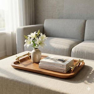 Plateau décoratif en bois de style ferme moderne avec poignées dorées |   Plateau de service élégant en noyer naturel pour mariage et décoration intérieure - Product Image 6