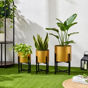 Jardinières métalliques modernes empilables avec supports noirs mats – Ensemble de 3 pots surélevés pour intérieur, pour des compositions végétales éclatantes - Product Image 3