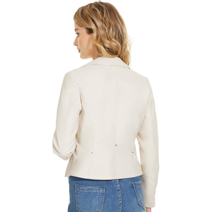 Veste de moto en cuir véritable crème pour femme, veste courte à fermeture éclair, col rabattu - Product Image 2