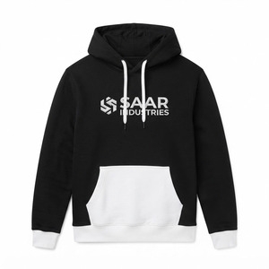 Men's Black Hooded <b>Fleece</b> <b>Sweatshirt</b> with White Panel and Front Logo Print Loose Fit Casual Winter ODM Anti-Pilling - Product Image 1