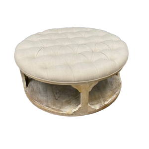 Midcentury Modern Round Wooden <b>Ottoman</b> with Tufted Fabric Top for Living Room Furniture - Product Image 1