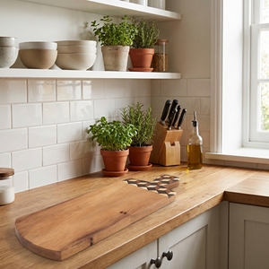 Tabla de cortar larga de madera de suar de grado alimenticio con incrustaciones de cáscara de coco en negro y blanco, diseño de ajedrez en marrón claro para cocina y comedor. - Product Image 4