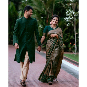 Vêtements classiques saree en soie banarasi vert - Product Image 1