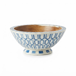 Eco-Friendly Handcrafted Bone Inlay <b>Bowl</b> Blue And White Geometric Pattern <b>Mango</b> <b>Wood</b> Pedestal Serving <b>Bowl</b> for Fruit Salad Home - Product Image 1