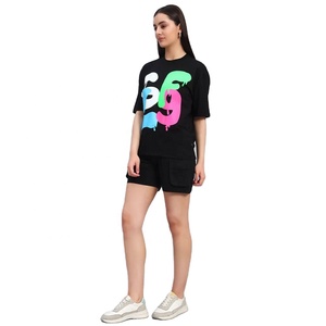 2026 New Arrival Black Matching <b>Set</b> for Women Casual Regular Fit Soft Cotton Breathable Summer Colorful Letter Print Tee Short - Product Image 4