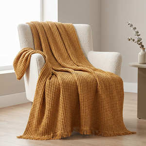 Manta de Sofá de Algodón con Textura de Waffle Color Mostaza, 50x60 Pulgadas, Decoración Moderna para el Hogar con Detalle de Flecos Decorativos - Product Image 1