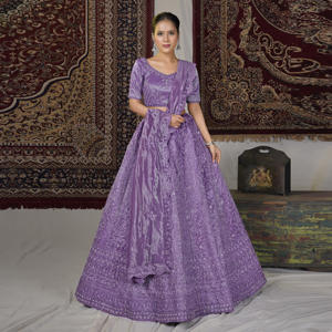 Lehenga Choli de tela de sarga con bordado intrincado, blusa coordinada con vuelo, dupatta de brillo suave, largo hasta el suelo, sin arrugas, para fiesta de graduación - Product Image 1