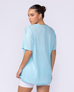 T-shirt en maille bleu clair surdimensionné pour femme, col rond, coupe ample, respirant, manches courtes, style printemps-été - Product Image 5