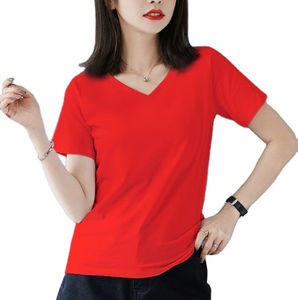 T-shirt en toile pour femme à col en V et manches courtes, personnalisable avec logo, couleurs et tailles sur mesure, prix de gros - Product Image 2