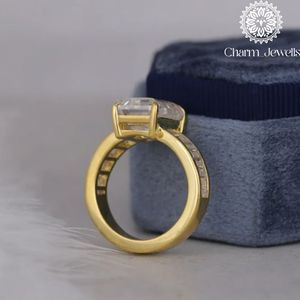 Charm_Jewells Women's Yellow <b>Gold</b> Plated Emerald Cut Moissanite <b>Cocktail</b> <b>Ring</b> Channel Setting Luxury Geometric Design - Product Image 3