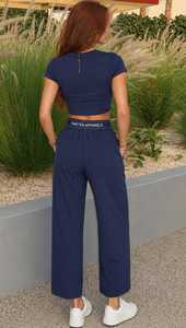 Ensemble de survêtement pour femmes, haut court à manches courtes bleu marine, pantalon à taille élastique et jambes larges - Product Image 2