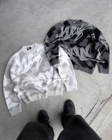 Pull jacquard vintage bleu de qualité supérieure en maille, motif abstrait, streetwear d'hiver, coton épais, coupe ajustée, vente en gros