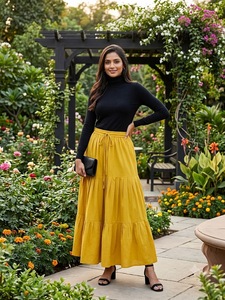 <b>Black</b> Solid Tiered Casual Maxi Skirt Women High Waist Ruffle Hem a Line Laminated Woven <b>Feathers</b> Fluffy for Spring Summer - Product Image 2