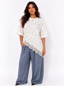 Sparkling Rhinestone Custom <b>Bohemian</b> Beaded Lace Hem Loose Fit women's shirt Asymmetric Design <b>Top</b> Drop Shoulder Cotton Shirt - Product Image 4