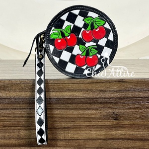 Western Cherry Round Coin Purse Checkered <b>Wristlet</b> for Women Handmade Tooled Leather Zipper Wallet Cute Checkerboard Pouch Bag - Product Image 1