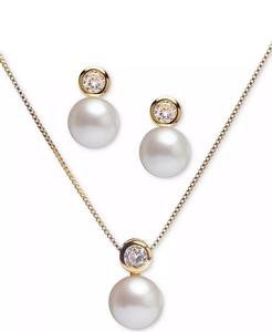 2-Pc. Set di perle d'acqua dolce coltivate (8mm) e zirconi cubici Collana e orecchini a lobo da 18 "incastonate in oro placcato Sterlin 18k - Product Image 1