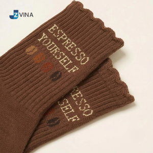 <b>Custom</b> Logo Double <b>Grip</b> <b>Socks</b> With Silicone <b>Grips</b> Inside And Outside Scalloped Cuff Knitted Brown color Crew <b>socks</b> for Women - Product Image 4