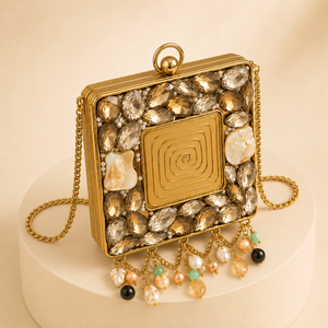 HINDVANTA GLOBAL Gold Rhinestone Pearl Lady Fashion Embroidery Beading Mini Square Clutch <b>Bag</b> Push Lock Chain Strap for All - Product Image 4