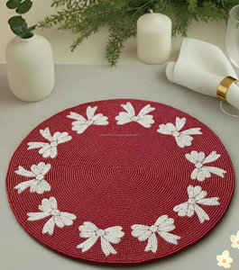 Red Round <b>Beaded</b> <b>Placemat</b> with White Bow Border Christmas Table Decor Non Slip Fabric Mat 400mm Diameter - Product Image 2