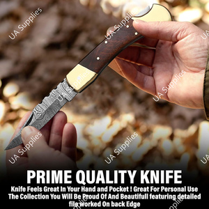 มีดพับเหล็กดามัสกัสสวยงามขนาด 3.5 นิ้ว ด้ามไม้พะยูงและทองเหลือง อุปกรณ์ล่าสัตว์กลางแจ้ง EDC รับผลิตแบบ OEM/ODM ราคาขายส่ง - Product Image 4