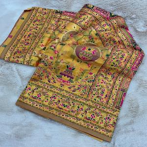 Sari de Seda Pasmeena con Tejido Zari Elaborado, Varios Colores, Sin Arrugas, para Fiestas - Product Image 1