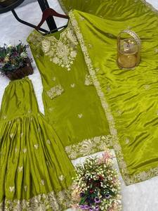 Women's <b>Green</b> <b>Silk</b> Traditional Indian/Pakistani Ethnic Kurti Sharara Suit Mirror Work Embroidery Quick Dry Fabric for Wedding - Product Image 4