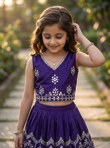 Shoryam Fashion Ensemble Lehenga Choli pour Filles, Violet, Style Ethnique Indien, Broderie et Appliques Miroir, Jupe Longue et Crop Top, pour Fêtes - Product Image 6