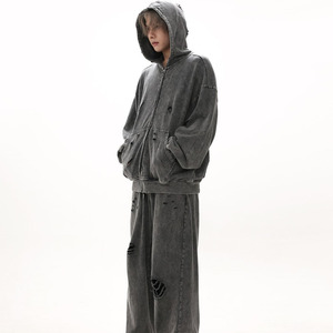 Sweat à capuche zippé gris délavé et vieilli style streetwear Y2K, sweat-shirt molletonné oversize, vente en gros de sweats oversize - Product Image 4