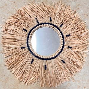 Miroir mural décoratif en raphia nordique tressé à la main, cadre en fibre naturelle, décoration intérieure pour chambre à coucher - Product Image 3