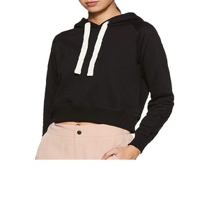 <b>Women's</b> Solid <b>Black</b> Cropped Hoodie Cotton Pullover <b>Sweatshirt</b> with Drawstring Long Sleeve Casual Top - Product Image 1