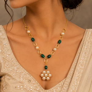 Custom Rhodium Plated Necklace Green <b>Emerald</b> Bead Pearl Station Oval Link Flower Cluster <b>Pendant</b> Fine Women Luxury Gift Jewelry - Product Image 1