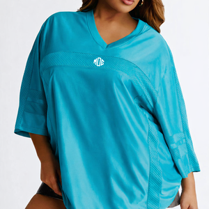 T-shirts pour femmes OEM Streetwear avec empiècements en mesh, logo personnalisé, 220GSM, 100% polyester, épaules tombantes, style rétro, coupe ample, maillot de football américain - Product Image 3