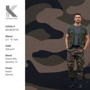 ผ้าทวิลผสมคอตตอนและสแปนเด็กซ์ น้ำหนักปานกลาง 230 แกรมต่อตารางเมตร ผลิตจากผ้าฝ้าย 99% สแปนเด็กซ์ 1%  ยืดหยุ่นได้ พิมพ์ลายพรางแบบ Reactive สำหรับตัดเย็บเสื้อผ้า - Product Image 1