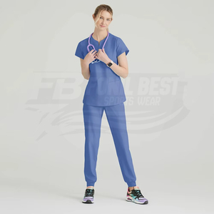 Blouse d'hôpital pour femme, bleue, col en V, avec poches, en jersey 100% coton, détection des taches, options personnalisables - Product Image 3
