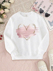 เสื้อสเวตเชิ้ตคอกลมสีขาวสำหรับผู้หญิง ปักลายหัวใจสีชมพูทอง ลายสัตว์ด้านหน้า โลโก้  ทรงปกติ ผ้าฝ้ายถัก สไตล์ฤดูใบไม้ร่วง - Product Image 1