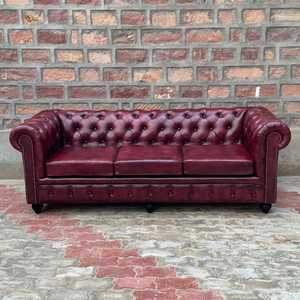 Vintage Chesterfield Three Seater Genuine Leather <b>Sofa</b> <b>Wood</b> <b>Frame</b> Eco-Friendly L-Shape Deep Button Tufted Burgundy Rolled Arm - Product Image 3