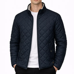 <b>Men</b> <b>Navy</b> Blue <b>Quilted</b> Winter <b>Jacket</b> Lightweight Diamond Pattern Puffer Coat Full Zip High Neck Casual Warm Outerwear - Product Image 1